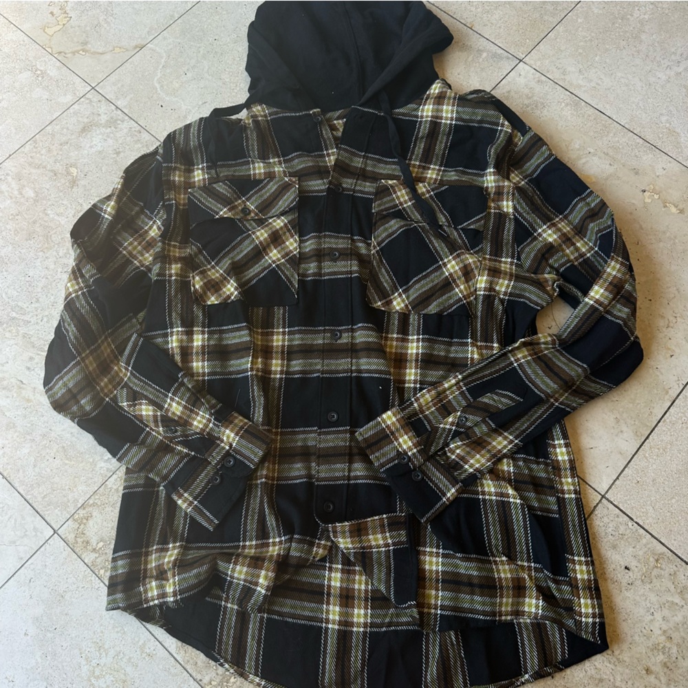 Men’s Flannel with Hood No Boundaries Black and Tan Plaid Casual Shirt Size Larg - Picture 2 of 6
